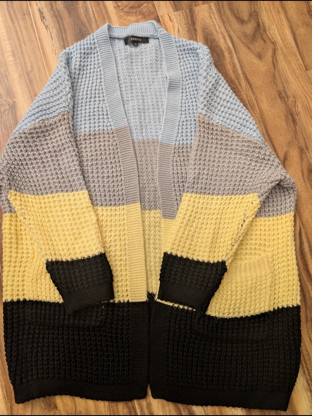Zesica Colorblock Waffle-Knit Open Cardigan — Light Blue, Gray, Yellow, Black